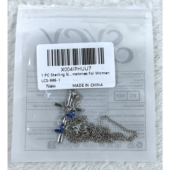 Sterling Silver Bow Cross Pendant Necklace with Blue Gemstones New Open Package - Picture 7 of 7